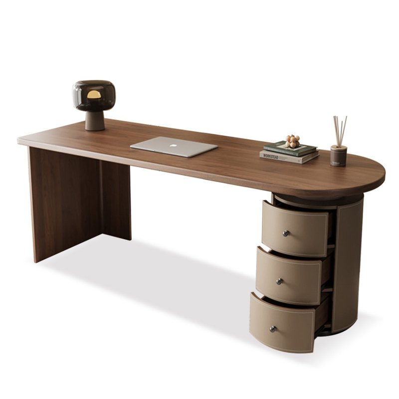 Bureau de direction demi-cercle en bois massif noisette avec 3 tiroirs, H 29,53 po x l 78,74 po x P 27,56 po