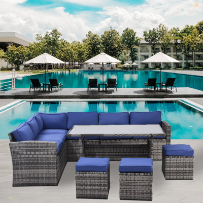 Ensemble de mobilier d'extérieur pour patio, canapé modulaire d'extérieur pour conversation 7 pièces avec table de salle à manger, fauteuils d'angle, repose-pieds, rotin PE toutes saisons et structure en acier, avec dossier et coussins amovibles