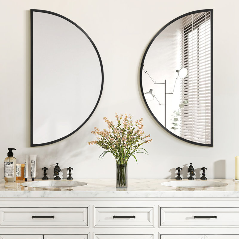 Round Metal Flat Wall Mirror (Set of 2), 32" x 16", Black