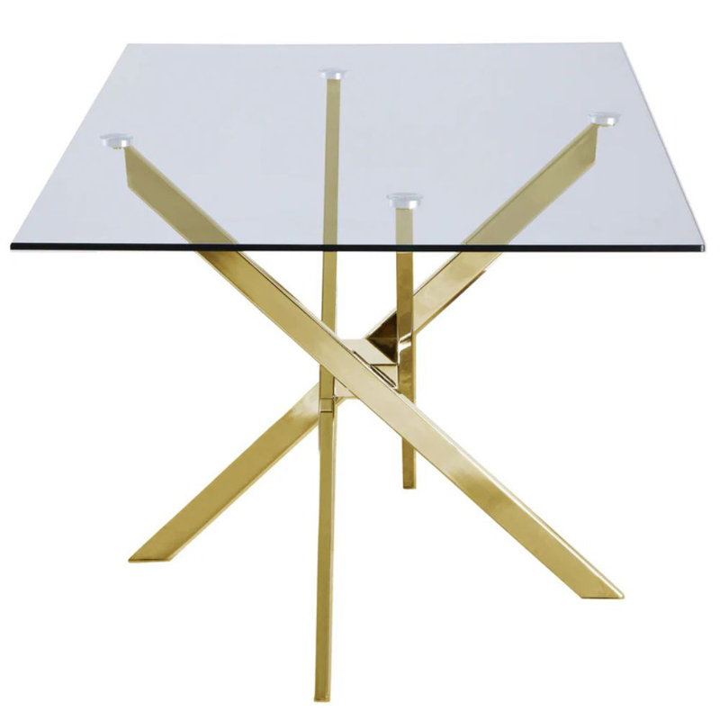 Glass Top Metal Base Dining Table, Gold, 30" H x 63" L x 36" D