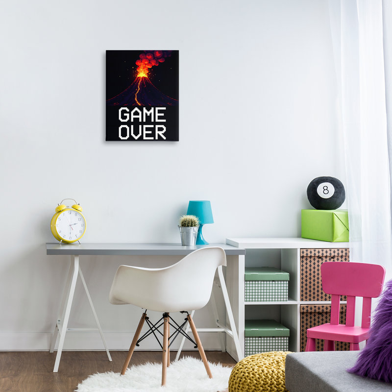 Pixel Volcano Game Over Canvas, design par Kim Allen, H 20 po x l 16 po