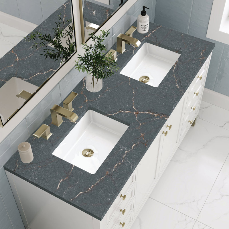 Ensemble de meuble-lavabo double 60 po Chicago, Blanc lustré, Bleu Parisien, 8 po