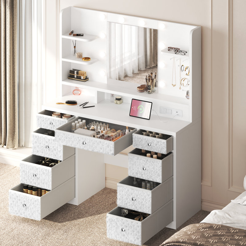 Coiffeuse avec miroir lumineux, 9 tiroirs amovibles en velours rose, multiprise intégrée avec ports USB-C et USB-A à charge rapide de 20 W, éclairage à intensité variable 3 couleurs, grande coiffeuse de rangement pour chambre à coucher