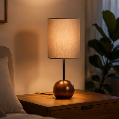 Lampe de chevet/table de style moderne Japandi mi-siècle 50 cm (20 pouces), en bois d'hévéa, avec base ronde et variateur, idéale pour la chambre ou le bureau.