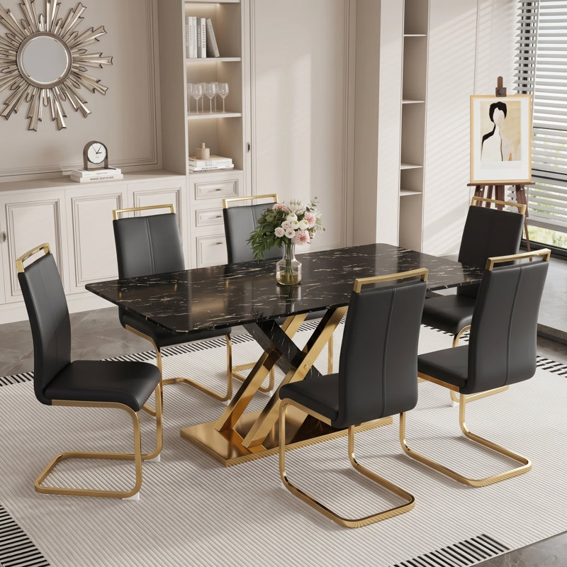 Modern 7-Piece 63" Rectangular Faux Marble Tempered Glass Dining Set with Faux Leather Cantilever Chairs, Black