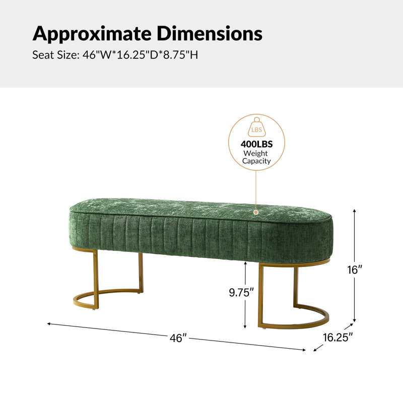 Banc rembourré en polyester 46 po avec coussin capitonné et base en métal Ferdinand Lawanda, Vert