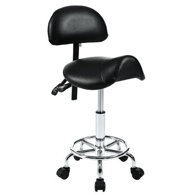 Rolling Stool With And Foot Rest, Ergonomic Saddle Design For Better Posture, No Noise Movement, Salon Massage Work - Black, Pu Leather Coated, 16.62 In Product Depth Back Support Adjustable Rest