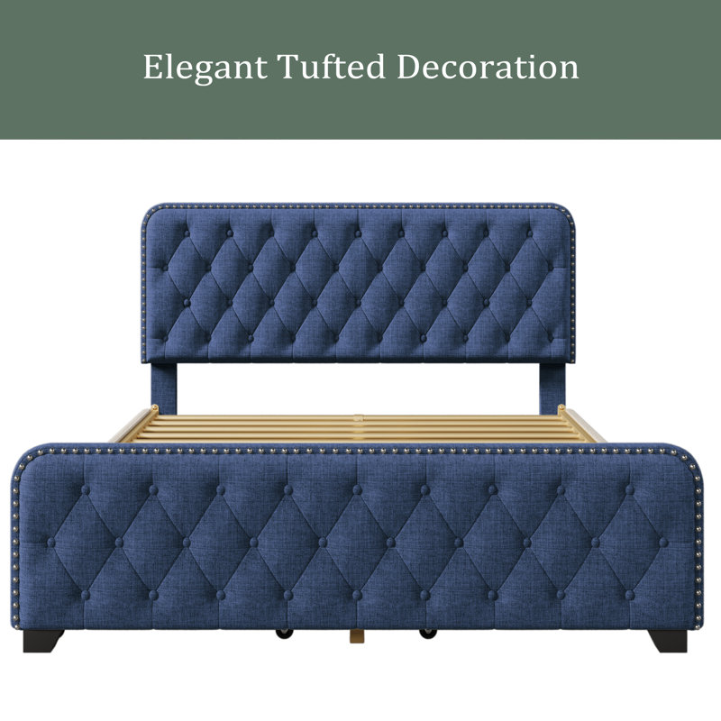 Lit plateforme tapissier avec rangement Jesley, Grand, Bleu