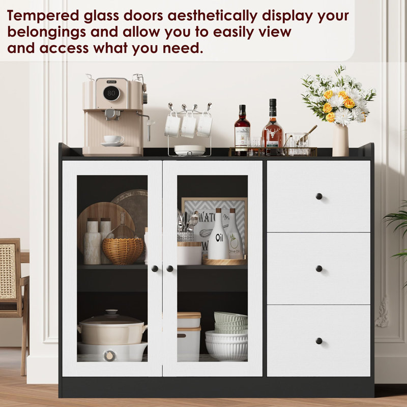Buffet moderne de 43 po, armoire de rangement avec garde-corps, 3 tiroirs, tablettes réglables, portes en verre trempé, table de salle à manger en bois