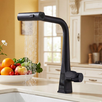 Robinet de cuisine à cascade avec pulvérisateur rétractable, affichage de la température, poignée simple, 3 modes de débit