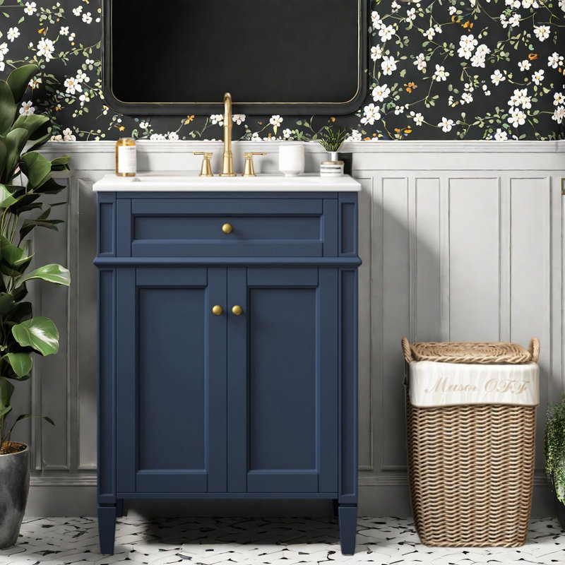 en bleu (avec meuble-lavabo et lavabo) avec rangement