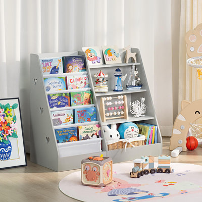 Bibliothèque et organisateur de rangement pour enfants à 4 niveaux, bibliothèque à cinq couches pour enfants, étagère en bois pour tout-petits, vitrine pour salle de jeux, chambre à coucher, salle de classe, chambre de bébé, école (gris)