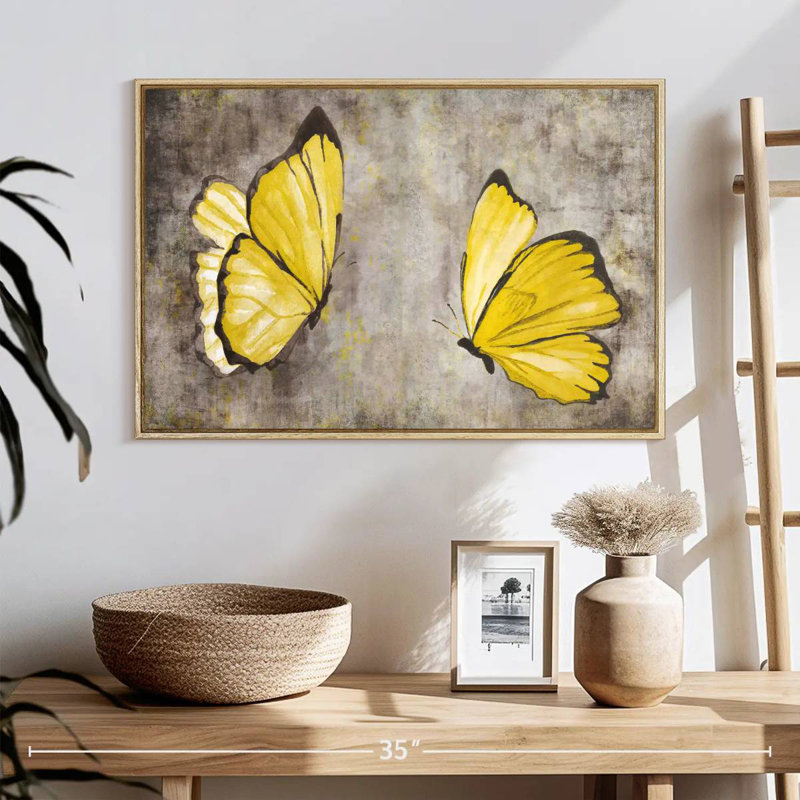 Papillons jaunes, 25 po x 17 po, Cadre flottant en bois naturel