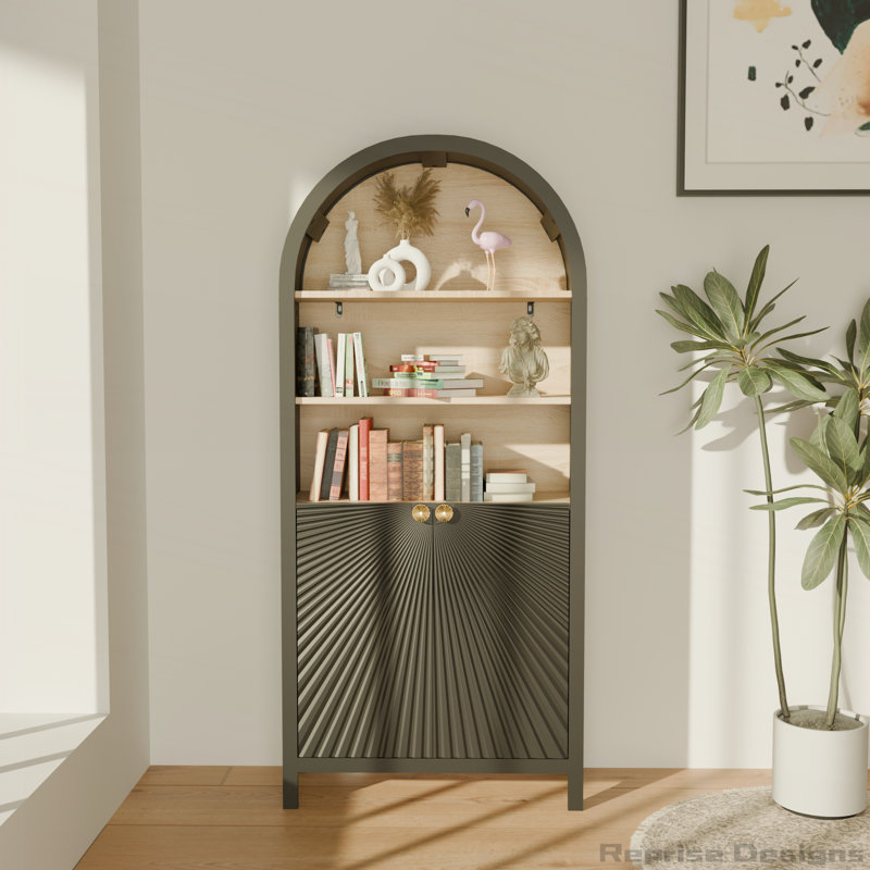 61" Tall Arched 5-Tier Bookshelf with storage and door