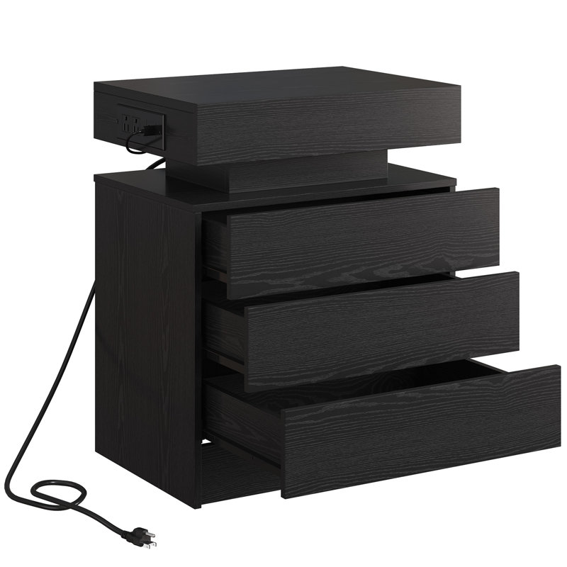 Table de chevet avec station de charge, table de chevet noire moderne avec lumière DEL et 3 tiroirs, tables de chevet / table de bout pour la chambre à coucher