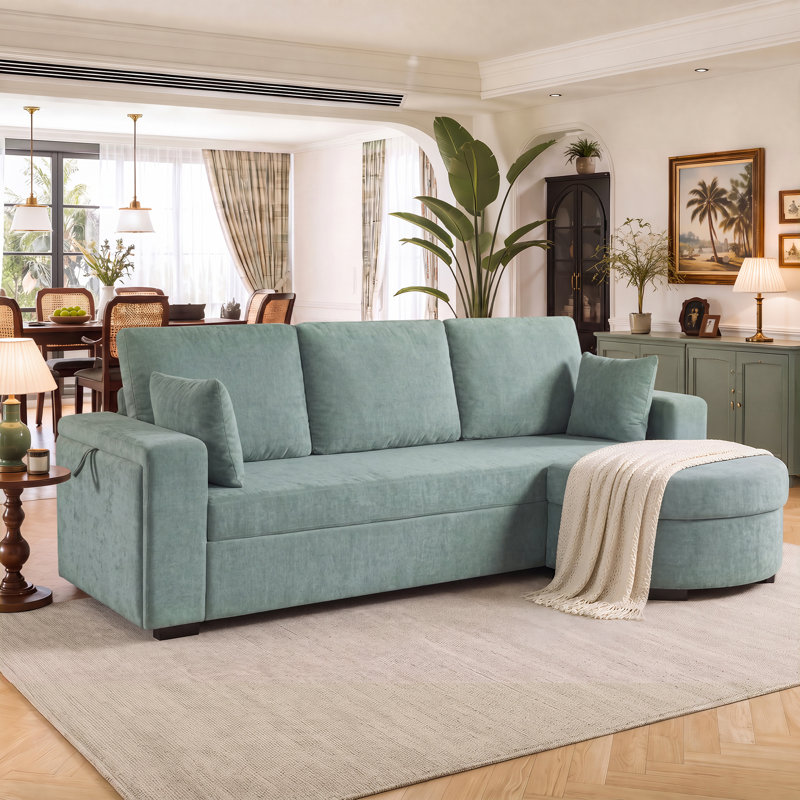 Canapé d'angle 3 places Havenly 94" en chenille avec pouf de rangement pour petits espaces, Blue Green