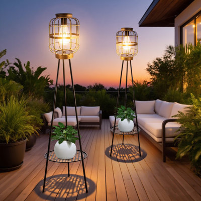Lumières solaires Huotian avec support pour plante, lampes sur pied d'extérieur, lampes sur pied à énergie solaire imperméables pour patio, porche, cour, décoration de jardin, jour de l'Action de grâce, cadeau de Noël