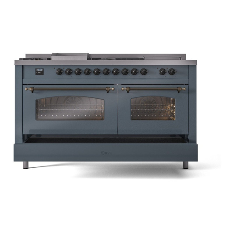 ILVE Nostalgie II 60 Dual Fuel Range, 5 Burners, Griddle, Frenchtop , Midnight Blue/Bronze, Natural Gas