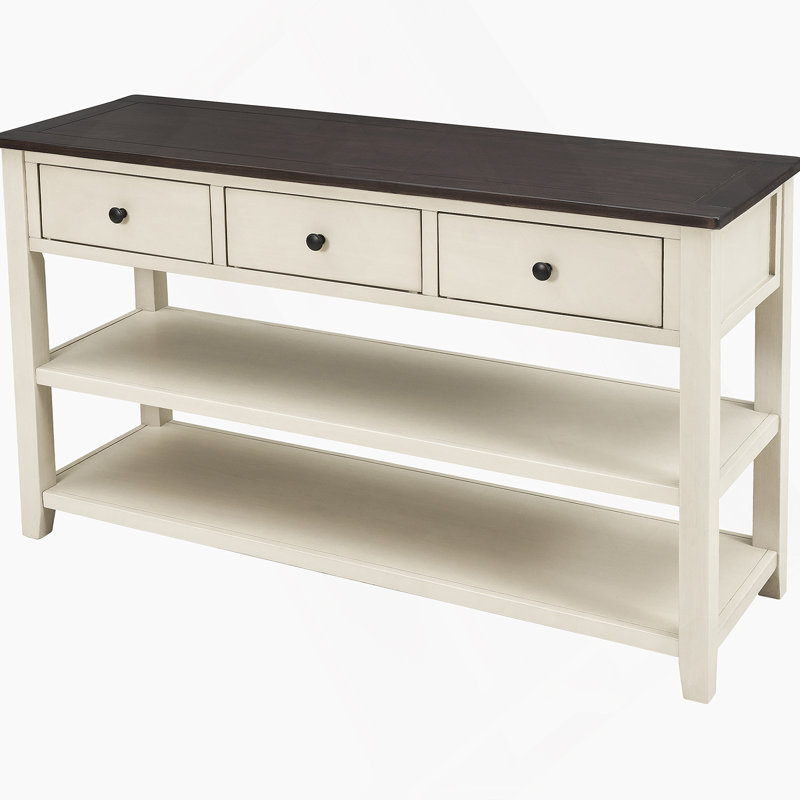 Retro Design Console Table With Two Open Shelves, Pine Solid Wood Frame And Legs For Living Room (Beige), Beige