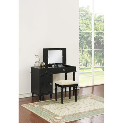Bedroom Vanity Set W Stool Open Up Mirror Storage Space Drawers Rubber Wood Ring Pull Handles Vanity