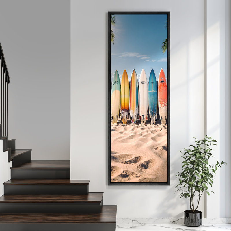 Planche de surf colorée sur une plage ensoleillée avec palmiers, art vertical de la côte, très grandes photos, impression sur toile encadrée