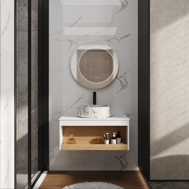 Meuble-lavabo mural 30 po avec lavabo rond et rangement ouvert, Golden Sand