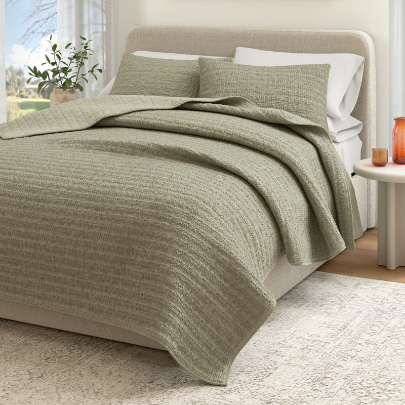 100% Cotton Garment Washed Honeycomb Waffle Quilt and Sham Set, Eucalyptus Green, King Quilt + 2 King Shams