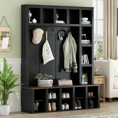 Arbre d'entrée de 76,7 po avec banc de rangement pour chaussures, 6 crochets à manteau, tablettes réglables et rangement pour vestibule 4 en 1 au fini blanc et noyer