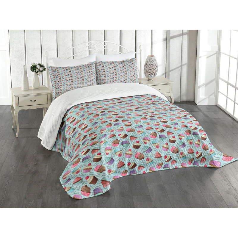 Ambesonne Cupcake Bedspread Set Pastry Cakes Calligraphy Multicolor, King Bedspread + 2 Standard Shams