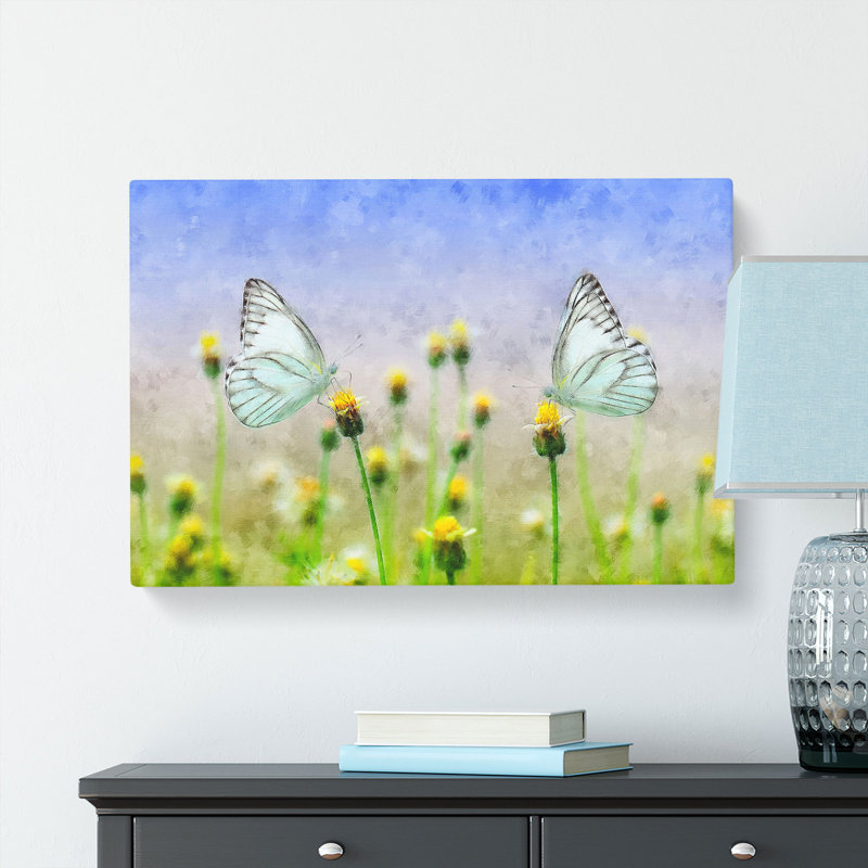 Two Butterflies Upon Yellow Flowers - Wrapped Canvas Painting, 50cm H x 76cm W x 3cm D