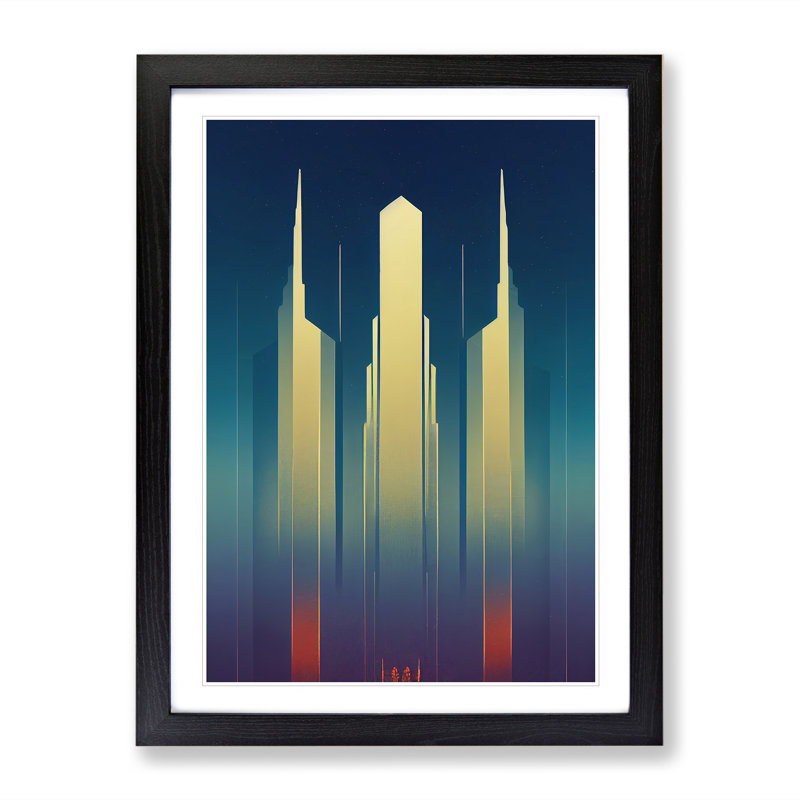 XV1022-702X Art Deco City Architecture No.8 Skyscraper 1 Piece Single Picture Frame Wall Art, 46cm H x 34cm W, Black