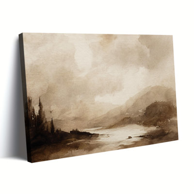 Sépia montagne lac impression sur toile, art mural rétro, brume sauvage, paysage minimaliste rustique, décoration murale pour le bureau du salon
