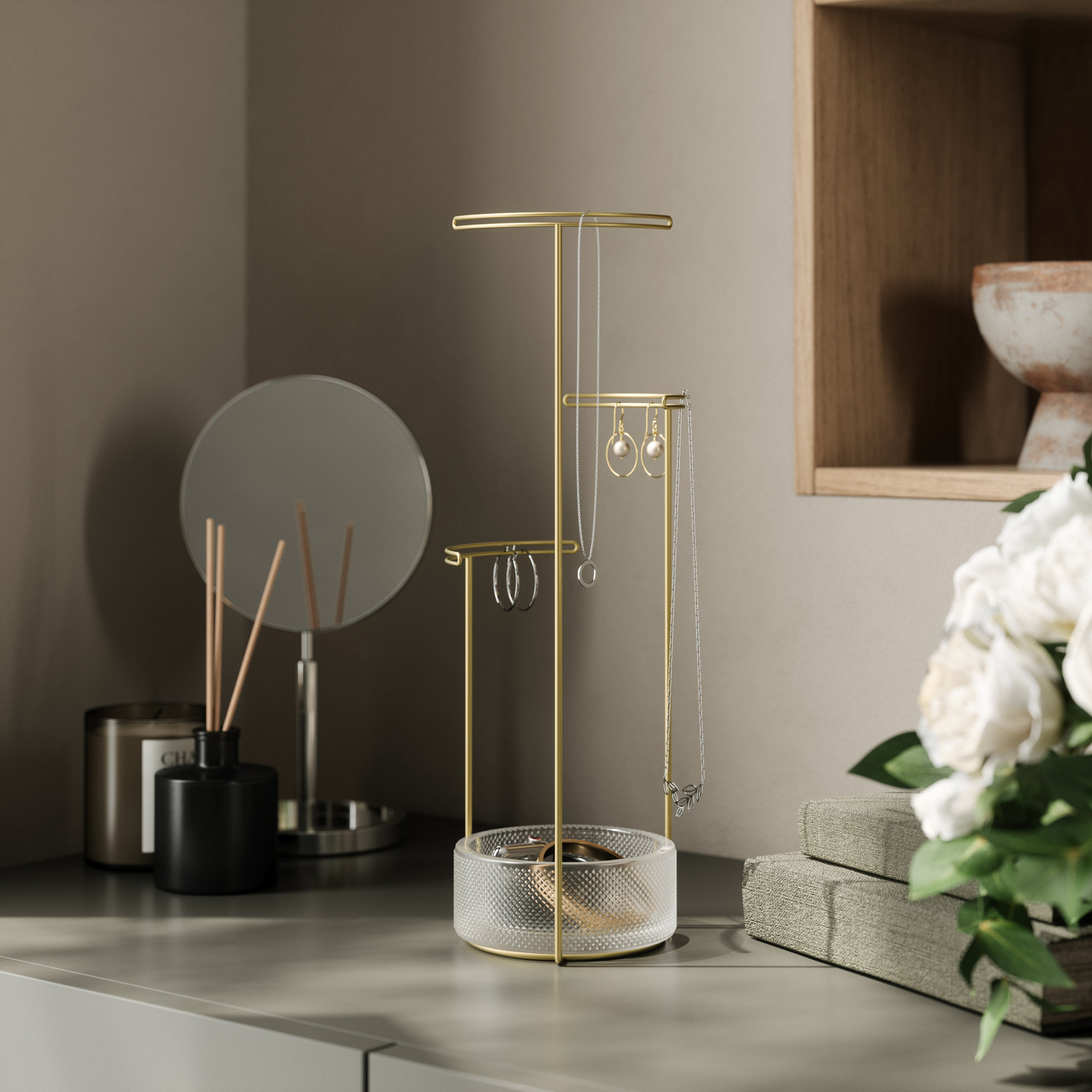 Tesora Jewelry Stand, Glass/Brass