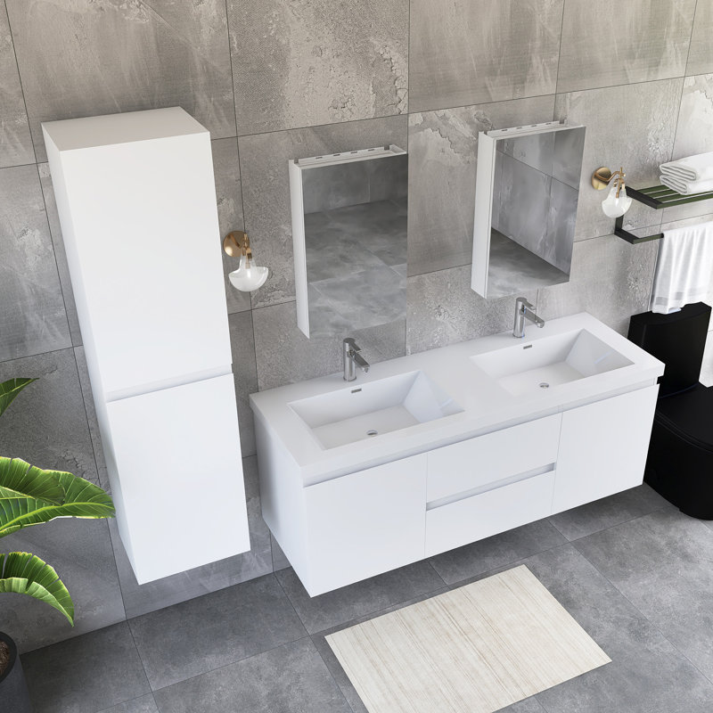 Ensemble de meuble-lavabo double 60 po avec plateau en résine 60 po, Blanc