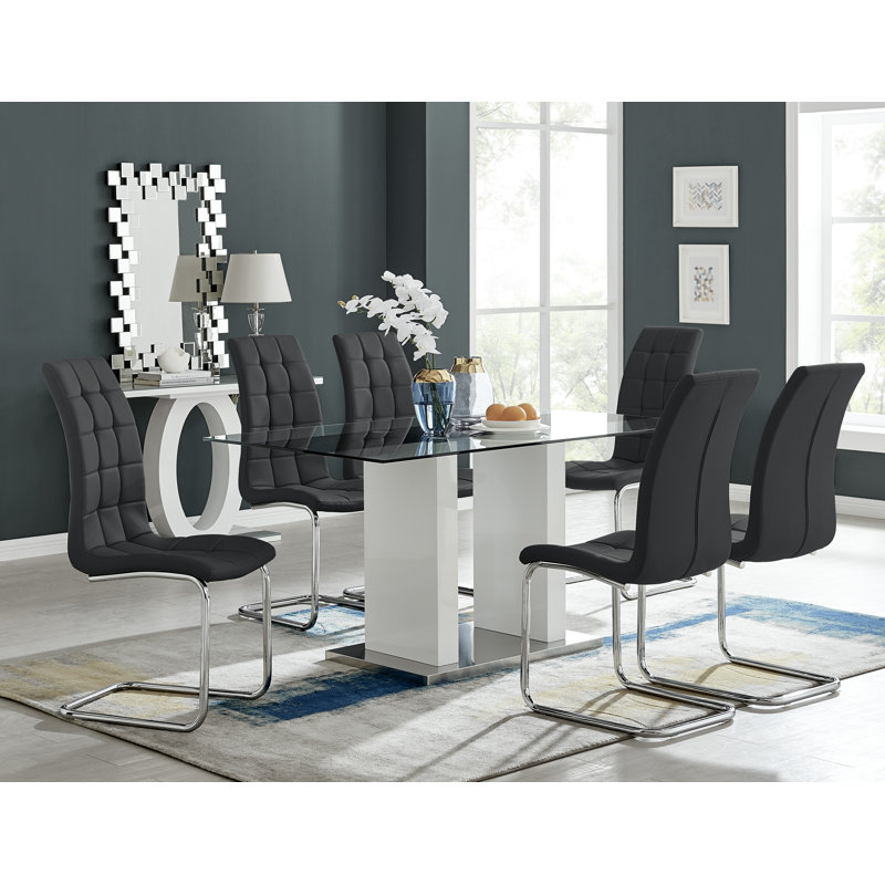 Ransart Modern Luxury Glass & Metal Dining Table Set With 6 Modern Faux Leather Dining Chairs, Black
