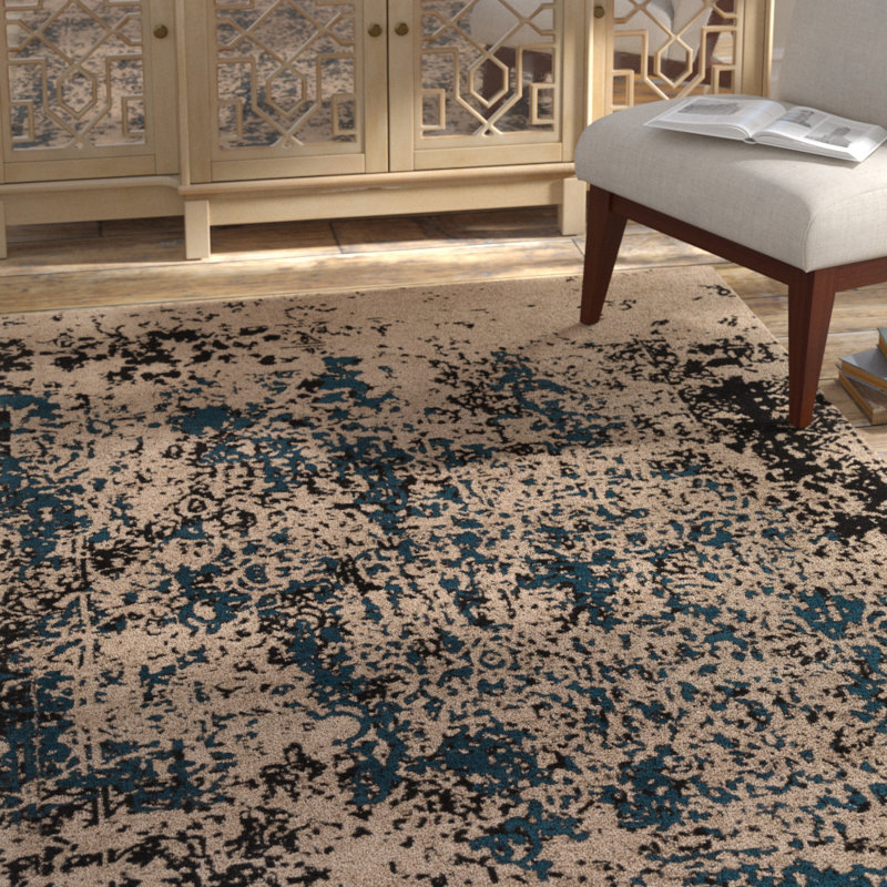 Tapis bleu sarcelle / gris foncé tissé à plat à la main Adney, Rectangle 4 pi x 6 pi