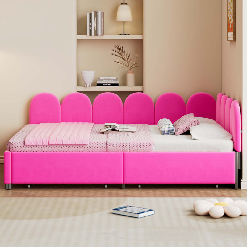Lit de jour rembourré avec 2 tiroirs, canapé-lit en velours avec tête de lit en tissu doux, Double, Rouge rose