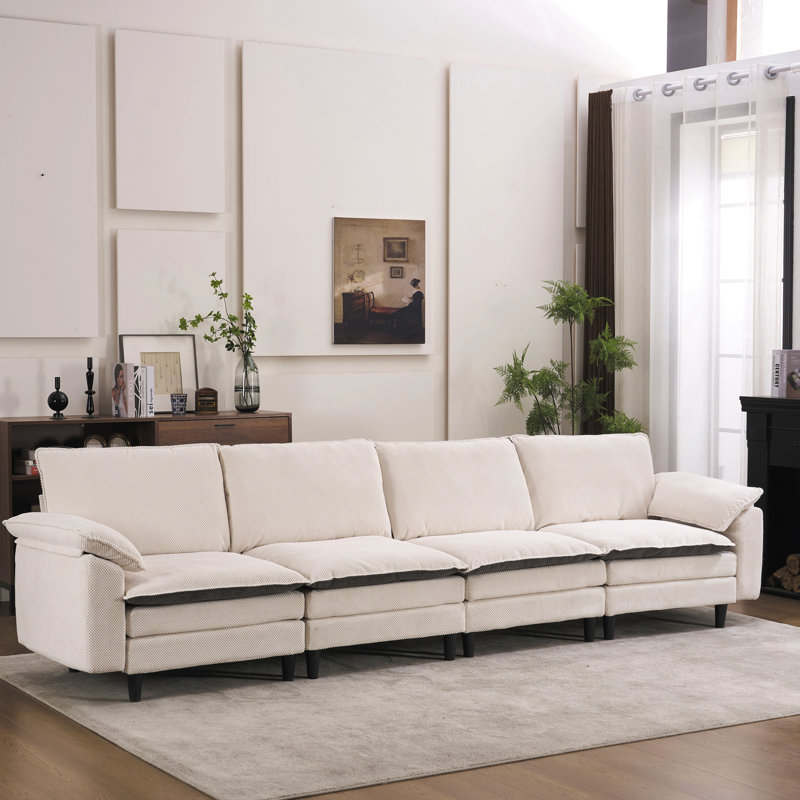 Canapé modulaire en forme de L à deux tons de 129,92 po blanc, canapé modulaire avec repose-pieds, assise profonde en chenille 3 places et coussin - pour le salon, la chambre à coucher, l’appartement