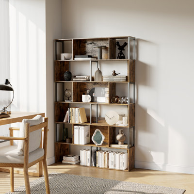 6-Tier Geometric Bookshelf – Tall Modern Bookcase with Anti-Tip Safety, Display Shelf and Room Divider for Living Room or Home Office