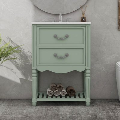 Meuble-lavabo de salle de bain avec lavabo en céramique, armoire de rangement de salle de bain à conception rétro élégante avec deux tiroirs et une tablette inférieure ouverte