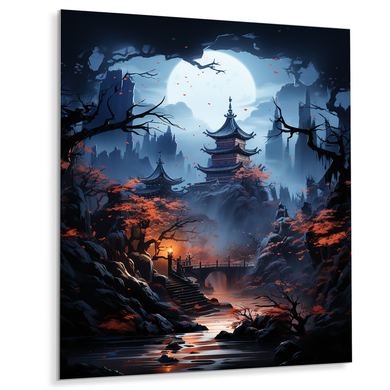 Moonlit Cliffside Mistery Landscape III - lune, art mural en métal, H 40 po x l 30 po x P 1,5 po