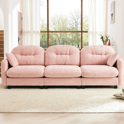 Canapé trois places rose avec composants modulaires, revêtement en chenille douce, mousse haute densité et dossier plissé pour chenille modulaire pour espaces domestiques, élégant décor de chambre à coucher
