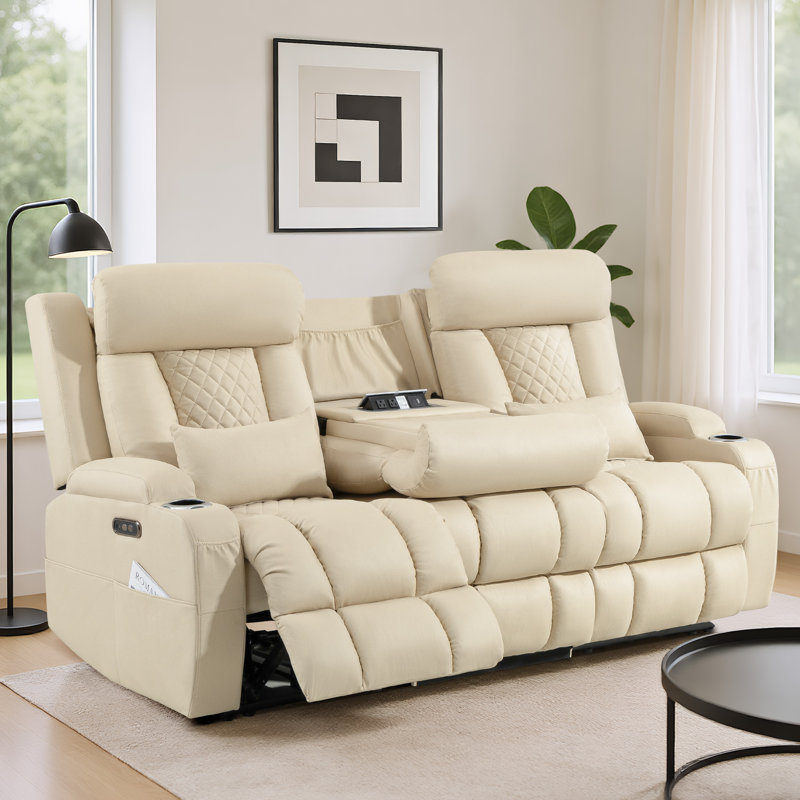 zero clearence recliner  Power Reclining Sofa With Manual Adjustable Headrest, 80" 3-seater Couch With Flip-down Table, Integrated Charging, Usb & Type-c Ports, Cup Holders For Living Room, Home Theater, Rv