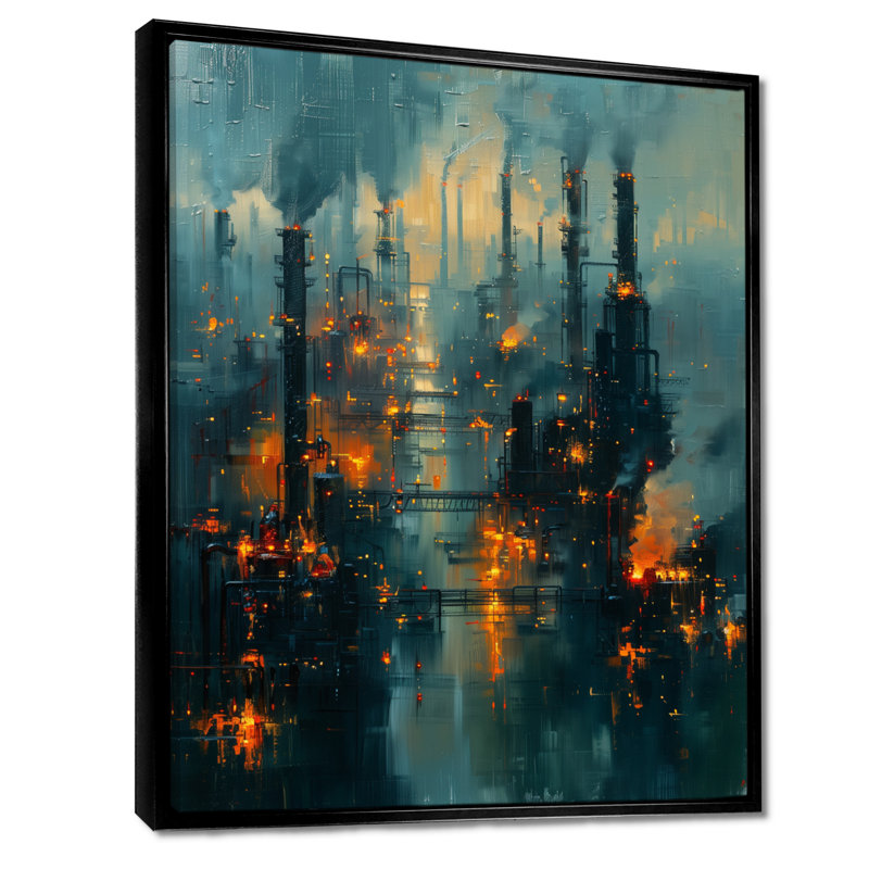 Bleu, bleu, usines, paysage industriel II, usines, art mural, salon, Toile avec cadre flottant noir