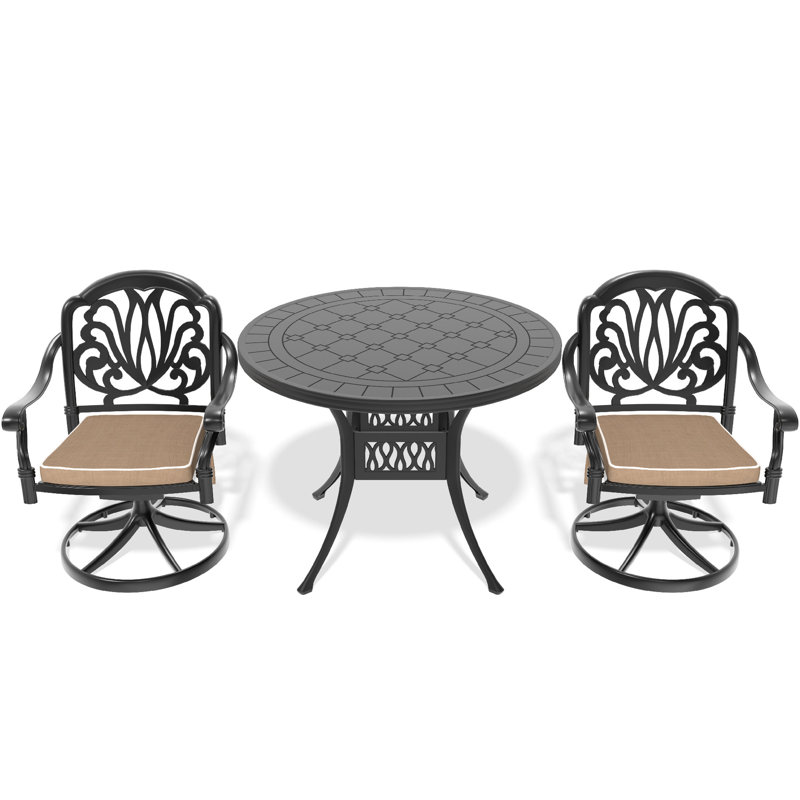 3 salles à manger en aluminium avec 2 chaises pivotantes et une table de 39,37 po, noire, résistante aux intempéries, assise confortable, procédure d'assemblage facile