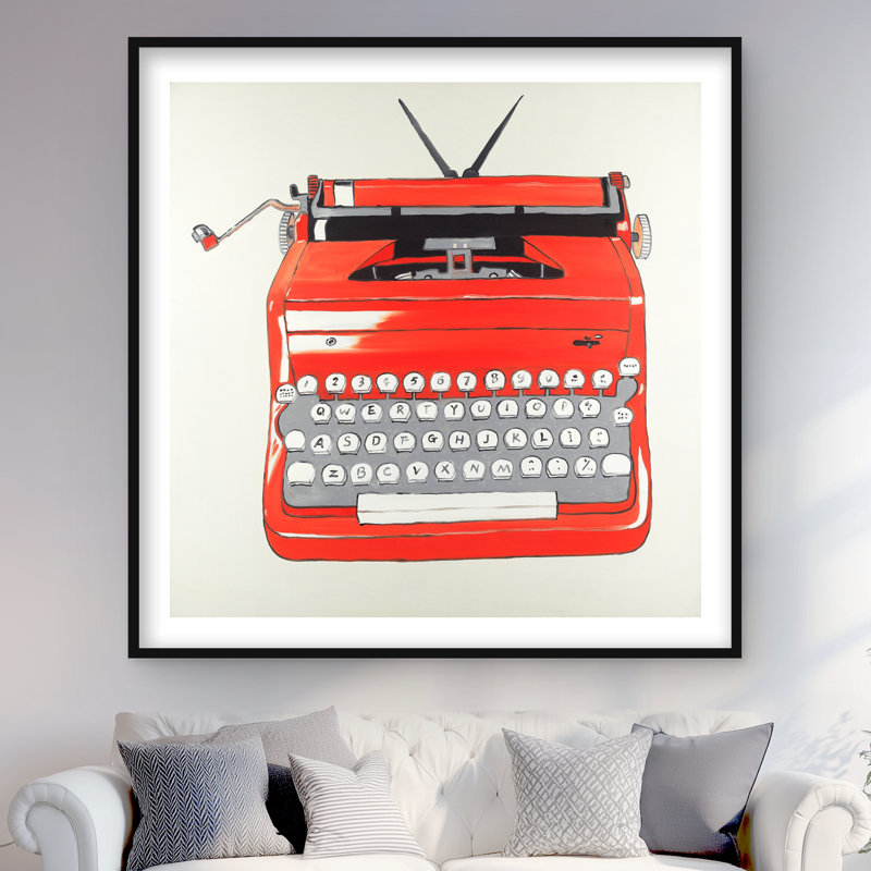 Red Typewriter Machine - Beige Typo & Symbols Framed Print