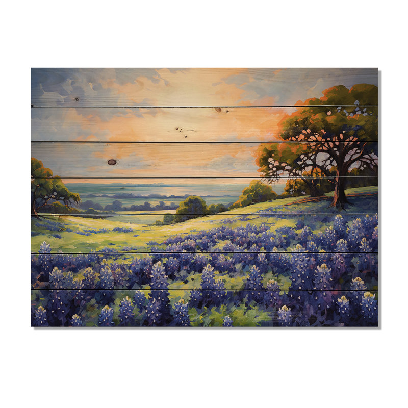 «Blue Bonnets Ballet Meadows I», art mural en bois bleu sur bois de pin naturel, H 24 po x l 32 po