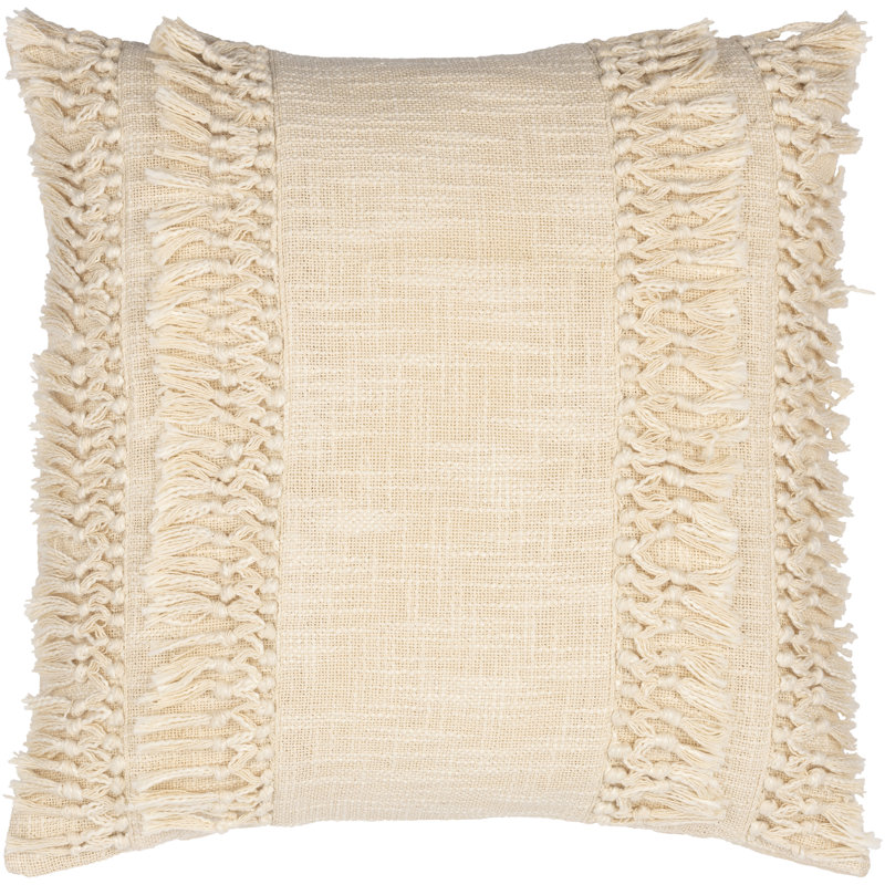 Katie Tassels Cotton Throw Pillow, Cream/Beige, 20" x 20"