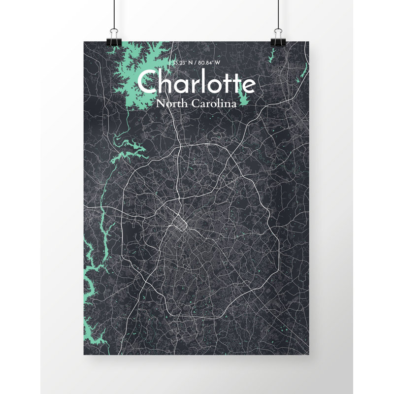 Charlotte City Map - No Frame Print, Blue/Gold/White, 60.2cm H x 27.9cm W x 0.1cm D