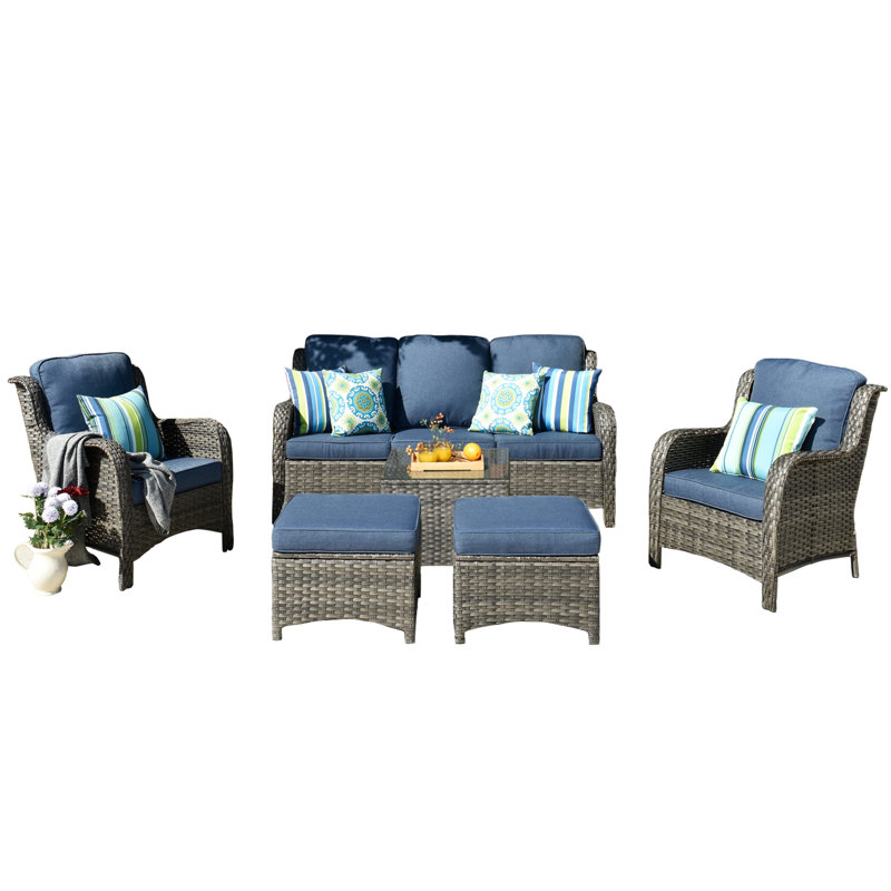 Wicker 5 - Person Patio Conversation Set with Cushions, Demin Blue